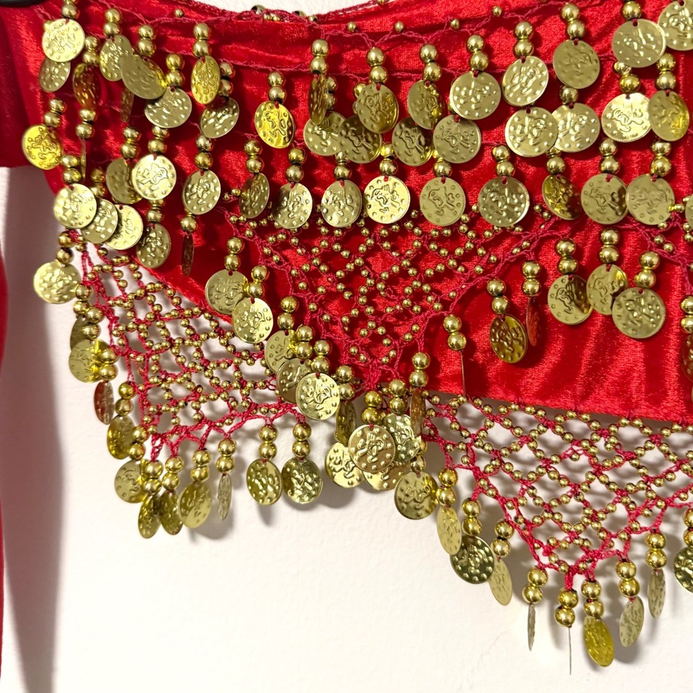 Red Gold Coin Belly Dance Hip Scarf Satin Crochet Mesh Wrap Belt Performance - Picture 4 of 6